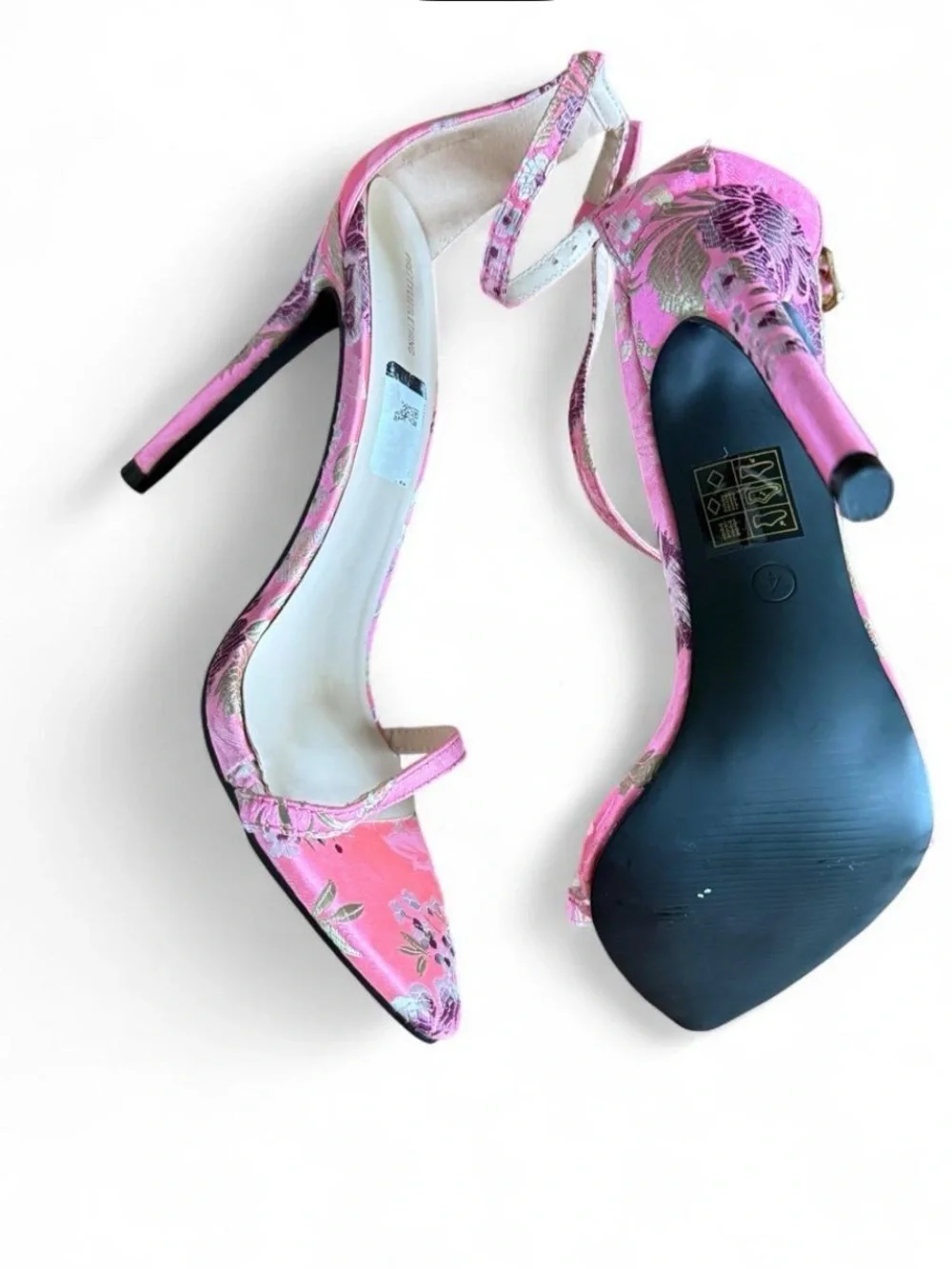 PrettyLittleThing Pink Floral Pointed Toe Ankle-Strap Heels